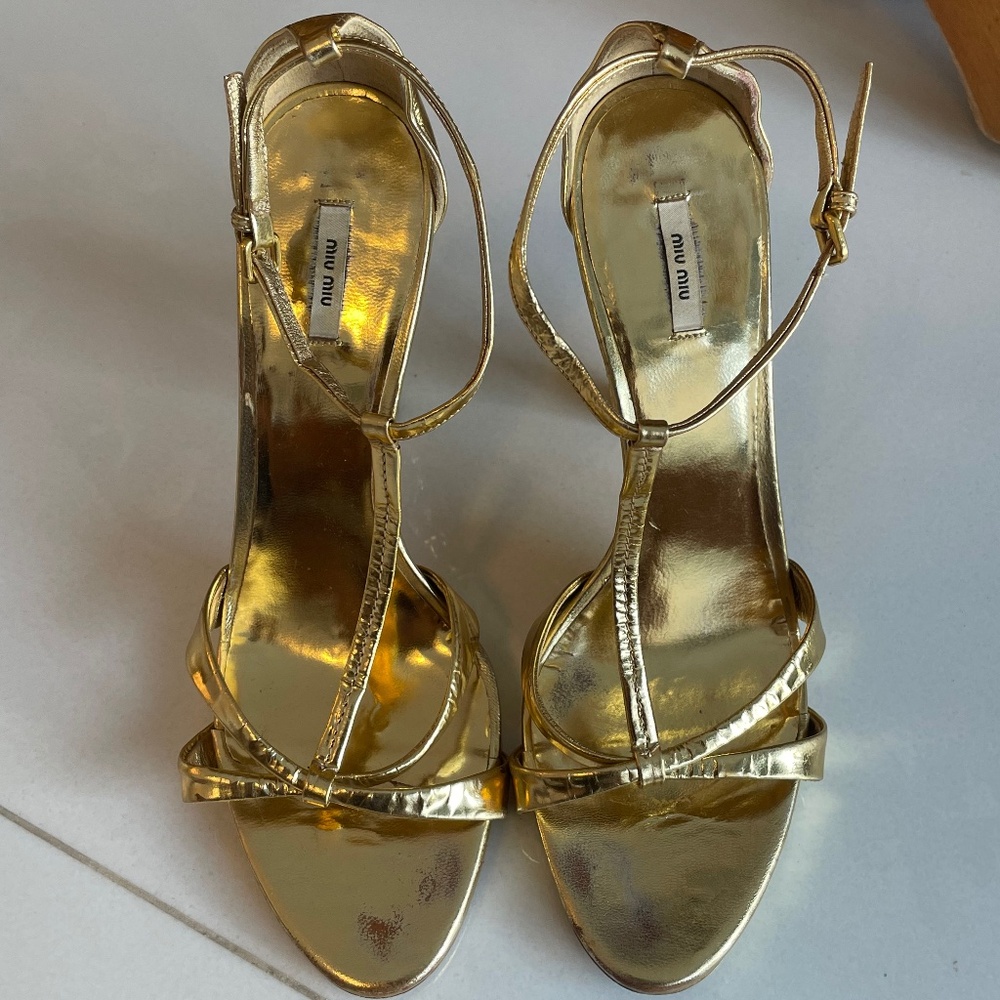 Gold Strappy High-Heel Sandals with Decorative Heel - Picture 2 of 8
